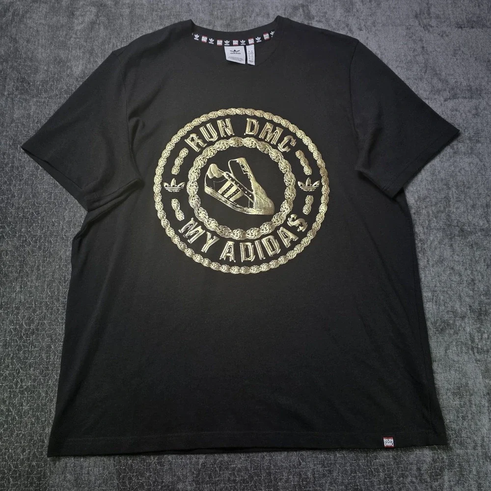 Adidas RUN DMC T Shirt Mens XL Black Superstar Gold Big Logo Hip Hop Rap 80s 90s